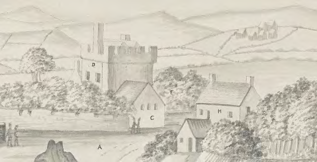 A pencil sketch or drawing depicting a large building with a tower and smaller outbuildings set in a hilly rural landscape, labeled with letters A, C, D, E, and H.