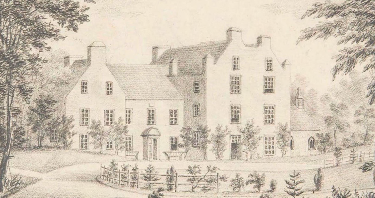A black and white architectural sketch or elevation drawing of a large, multi-story stone building with multiple chimneys and gables.