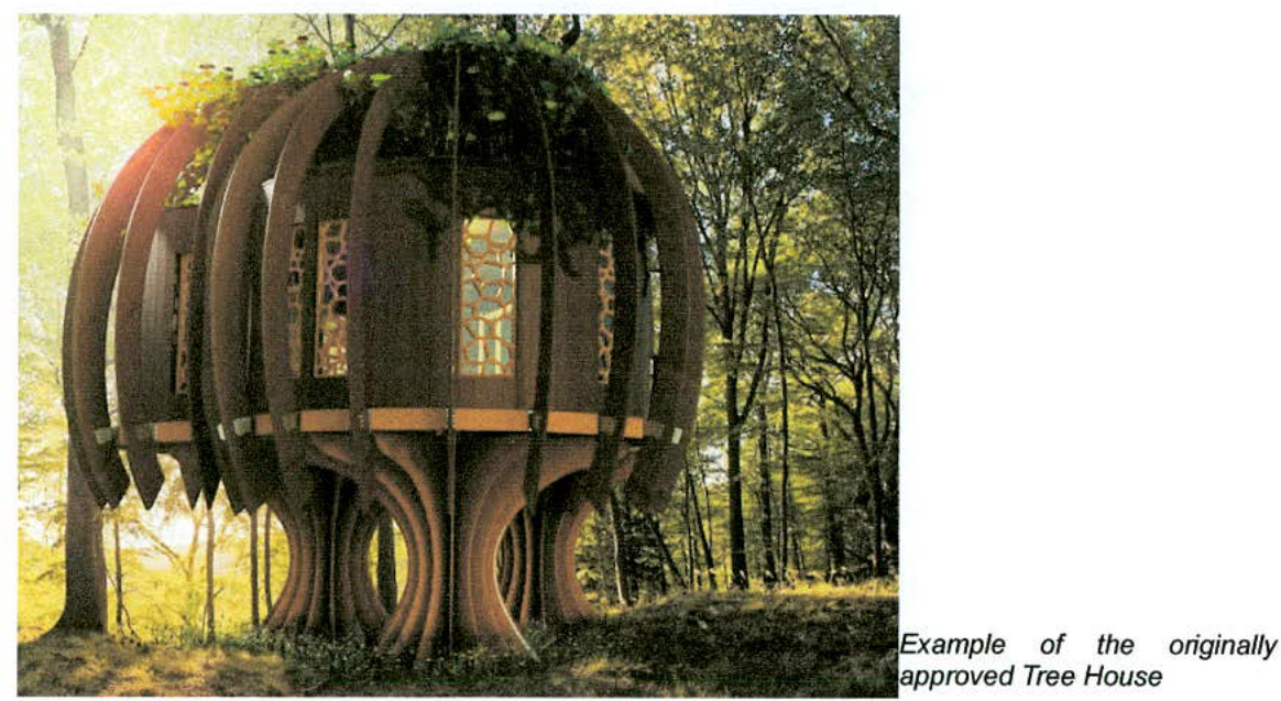 A visual rendering of a unique, pod-like treehouse structure elevated on curved supports within a wooded area, labeled as the originally approved design.
