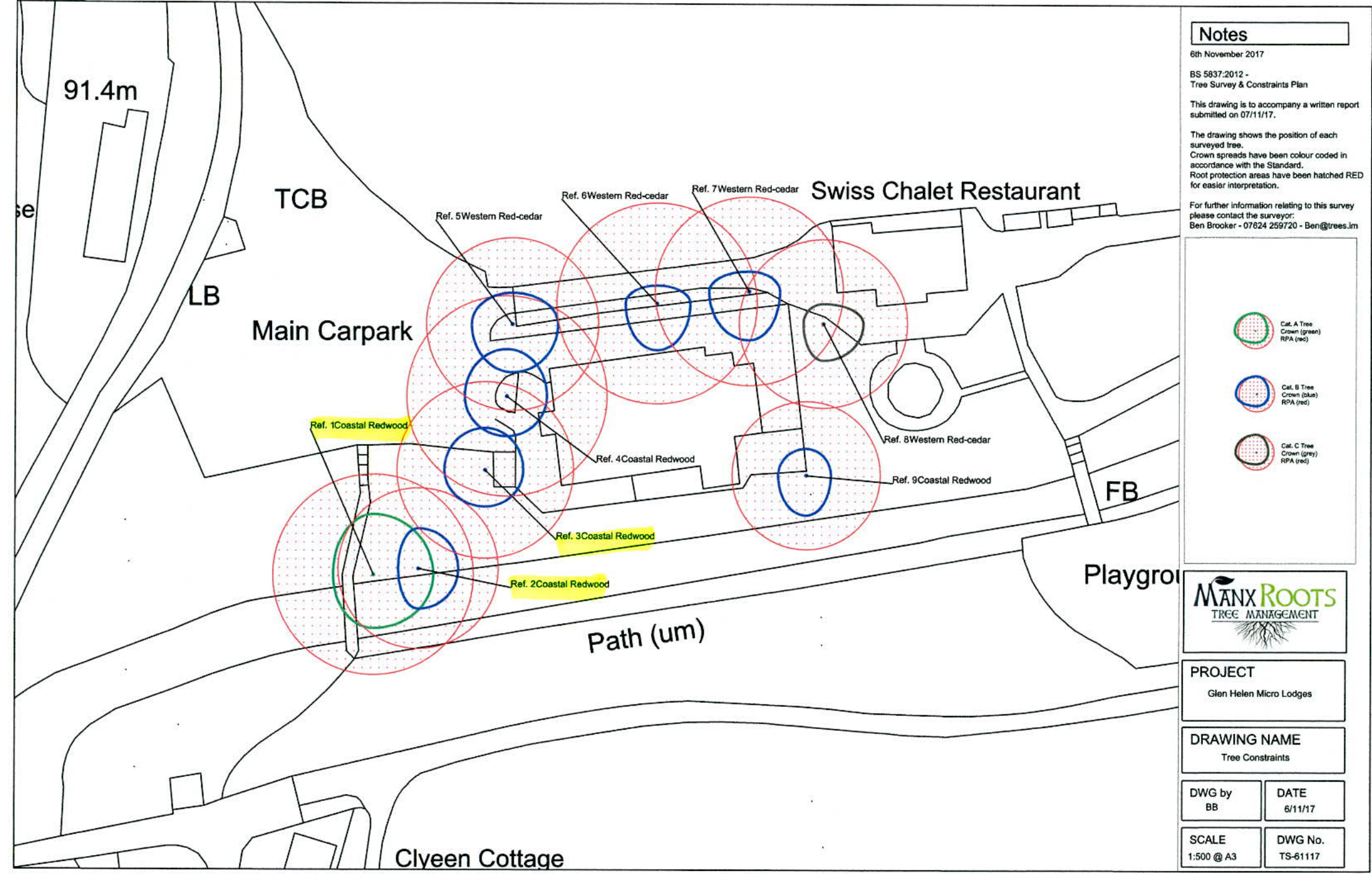 A technical site survey plan illustrating tree constraints, protection zones, and existing structures like a restaurant and car park.