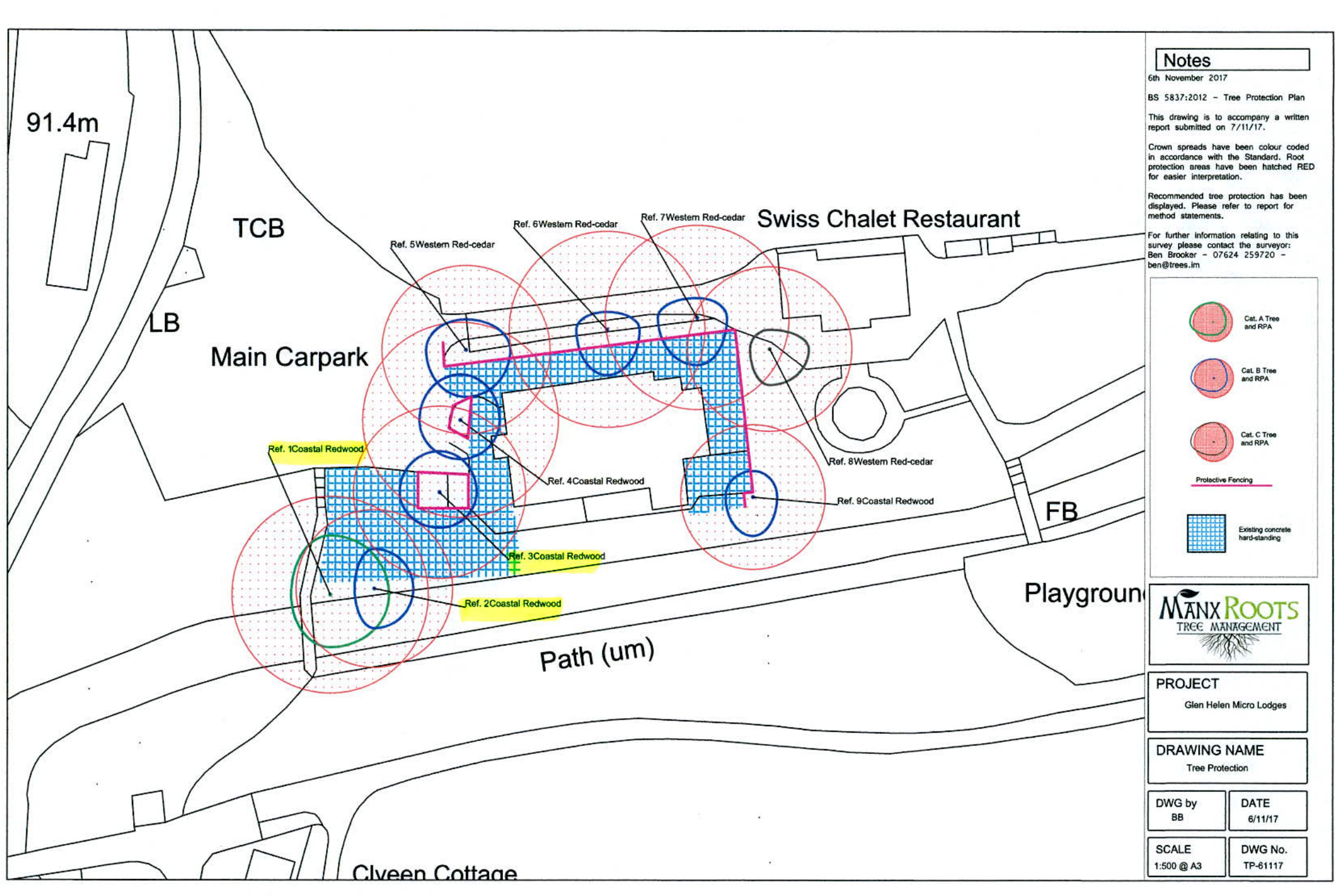 A technical site plan illustrating tree protection zones and existing site features such as a car park and playground.