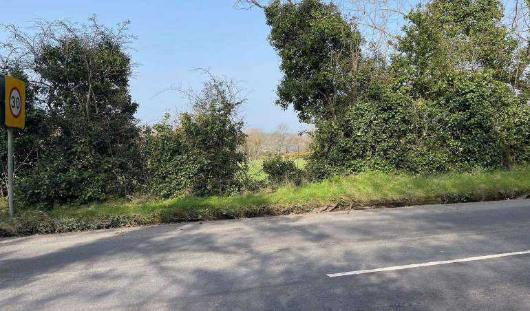 A photograph showing a roadside scene with a 30 mph speed limit sign, dense green vegetation, and a view of a field in the distance.