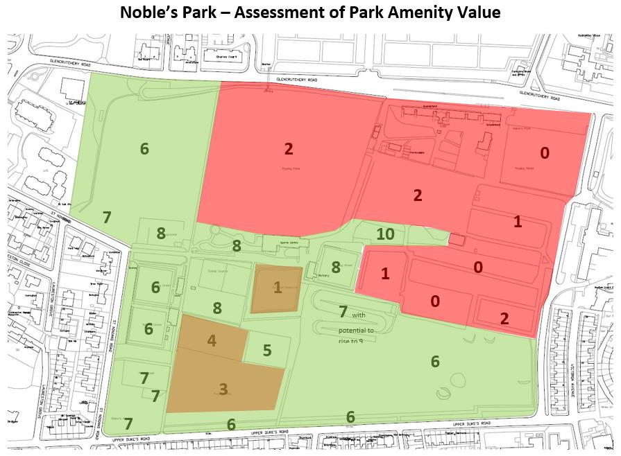 This image displays a site plan titled 'Noble's Park – Assessment of Park Amenity Value' featuring color-coded zones with numerical ratings overlaid on the park grounds and adjacent residential streets.