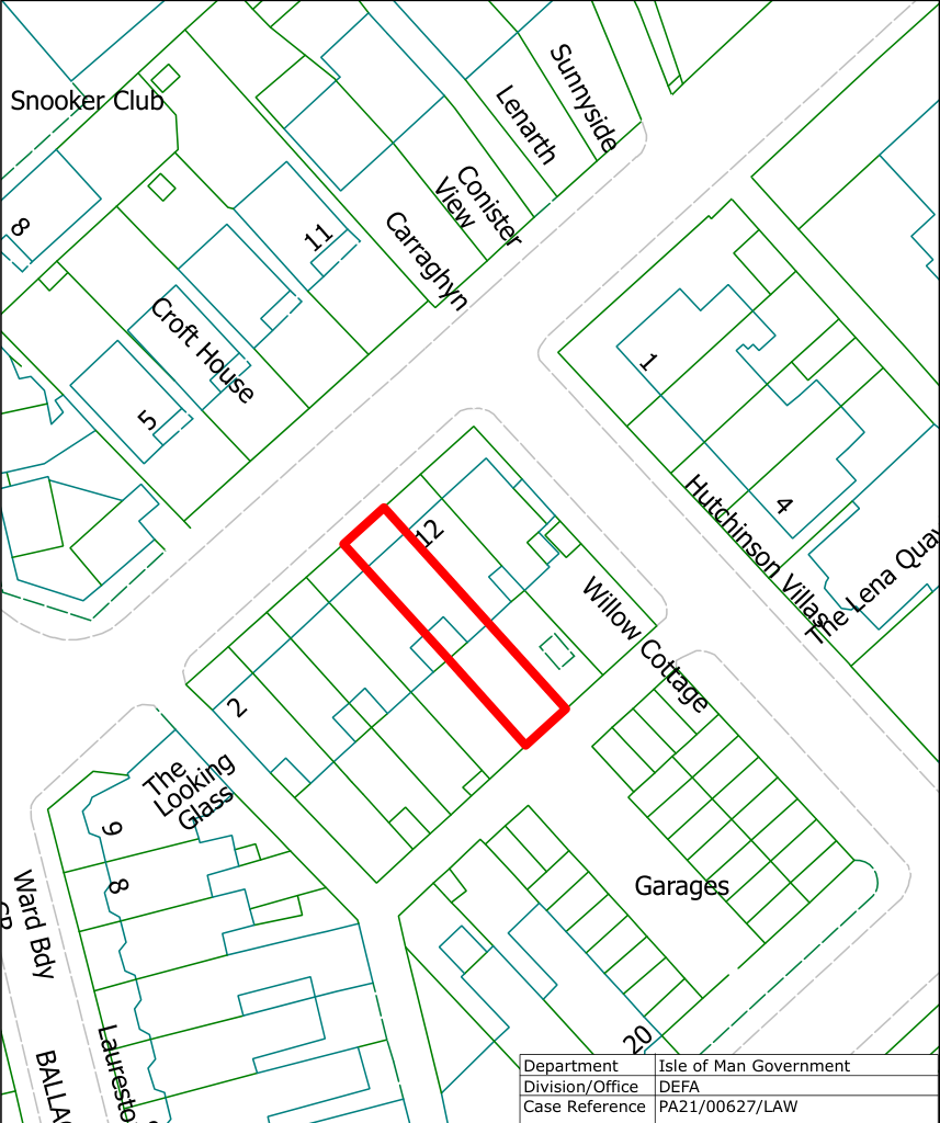 A site plan map showing the application site at number 12 Carraghyn View highlighted in red, with surrounding buildings and street names.