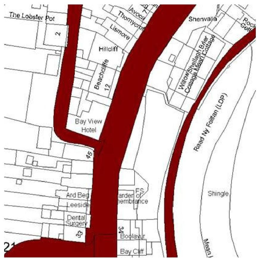 A site location map showing the proposed development site highlighted in red, surrounded by properties like the Bay View Hotel and the Raad Ny Foillan path.