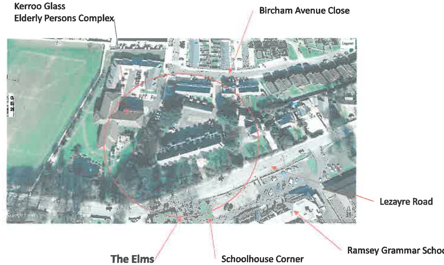 An aerial location map showing the site boundaries and surrounding landmarks such as Ramsey Grammar School and Lezayre Road.