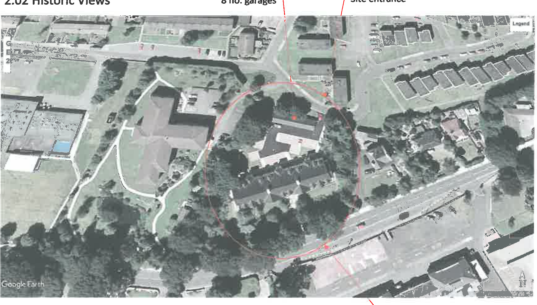 An annotated aerial site plan overlaid on a Google Earth image, highlighting a specific area with a red circle and pointing out '8 no. garages' and a 'Site entrance'.