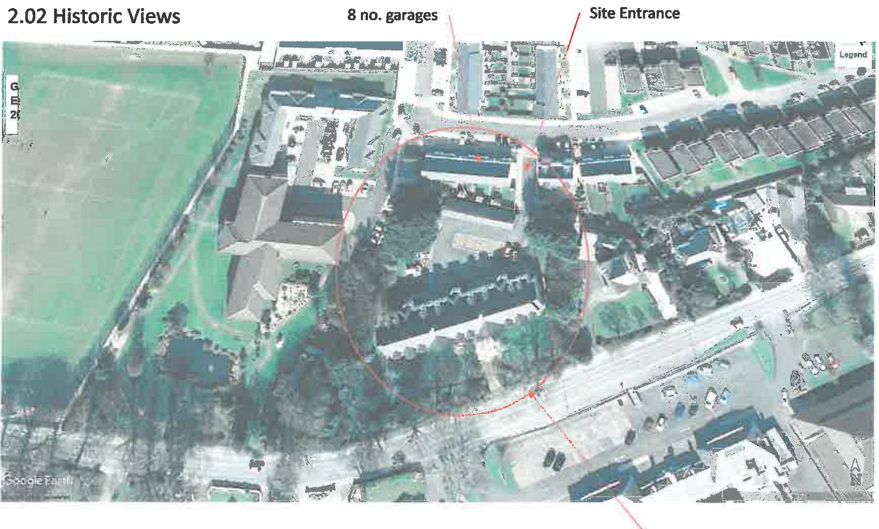 An annotated aerial site plan showing a cluster of garages and a site entrance with red circles and arrows.