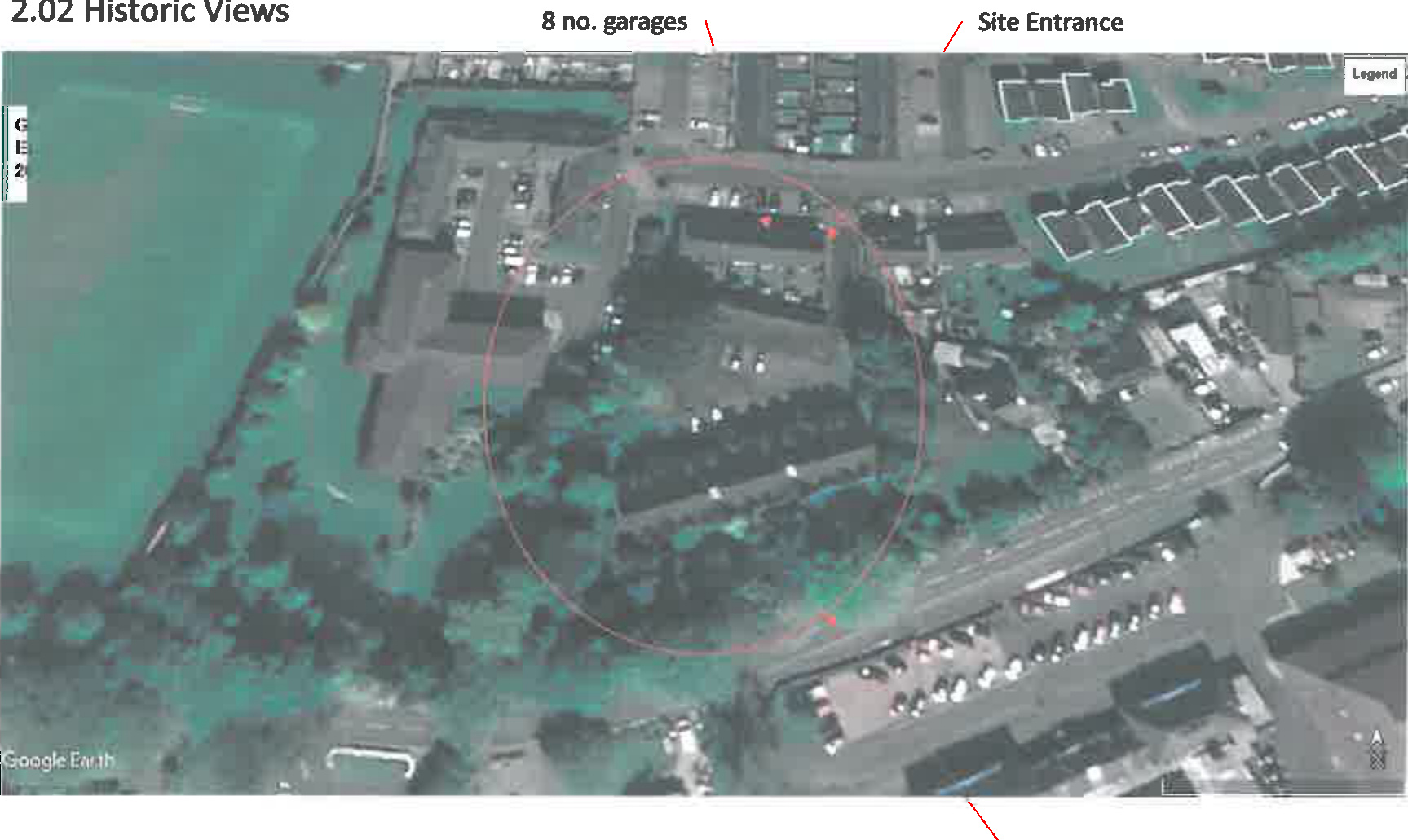 An annotated aerial view map showing a site with a red circle highlighting '8 no. garages' and a 'Site Entrance'.