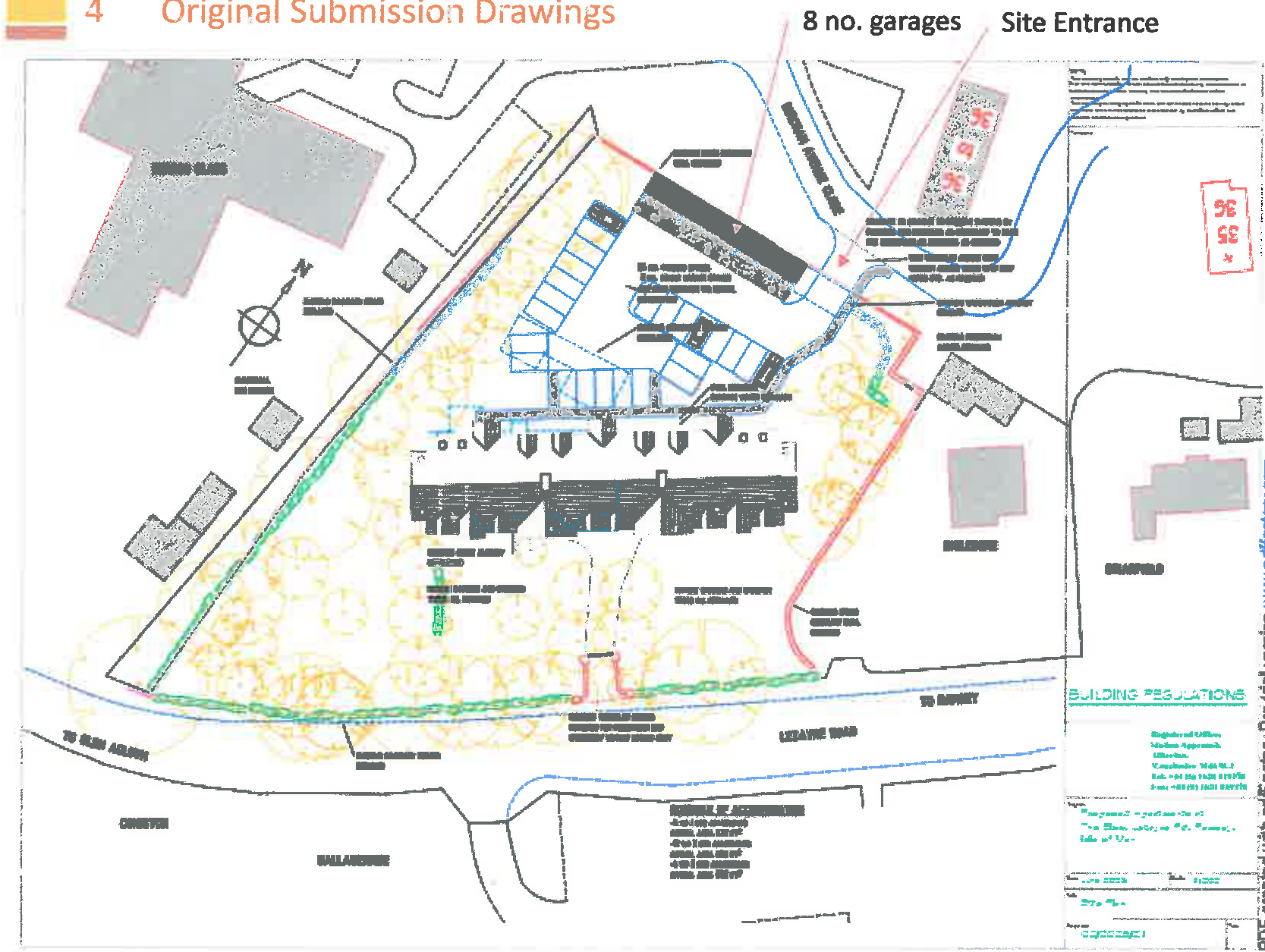 A site plan showing the layout of 8 proposed garage units, site entrance, and surrounding roads like Leaving Road.