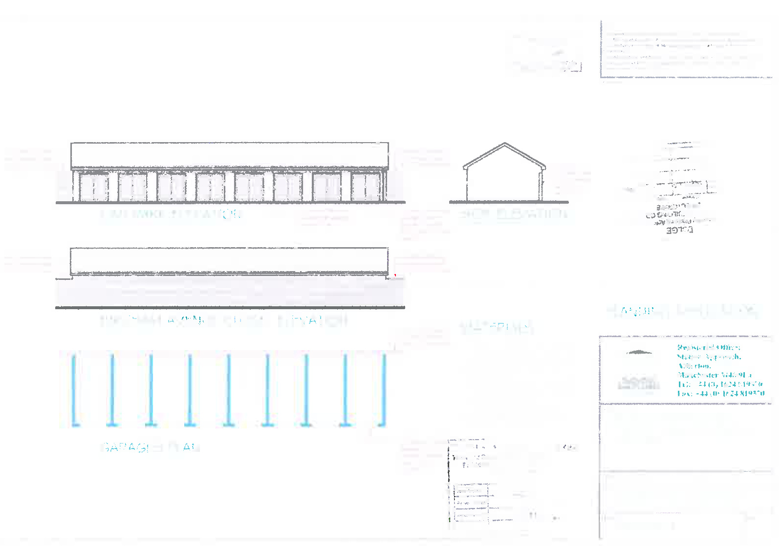 Architectural drawings showing elevations and a floor plan of a long garage block.