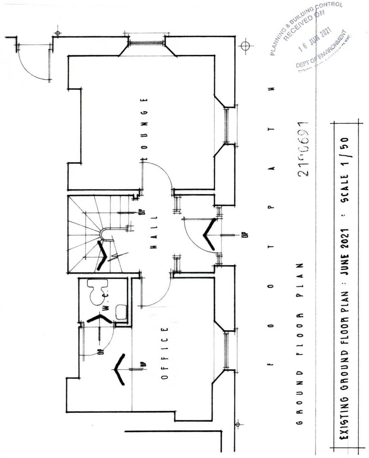 Architectural ground floor plan showing an existing layout with rooms labeled as office, hall, and lounge, stamped by Planning & Building Control.