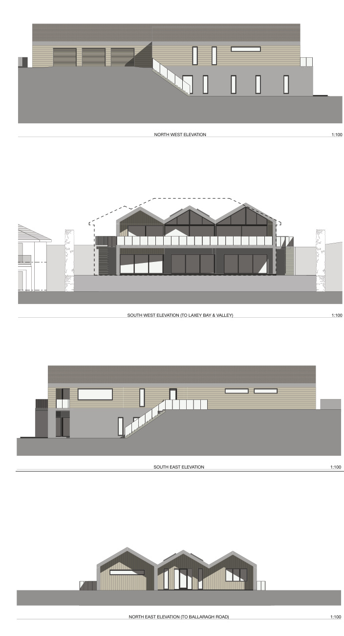 The image displays four architectural elevation drawings of a proposed building, labeled North West, South West, South East, and North East at a 1:100 scale.
