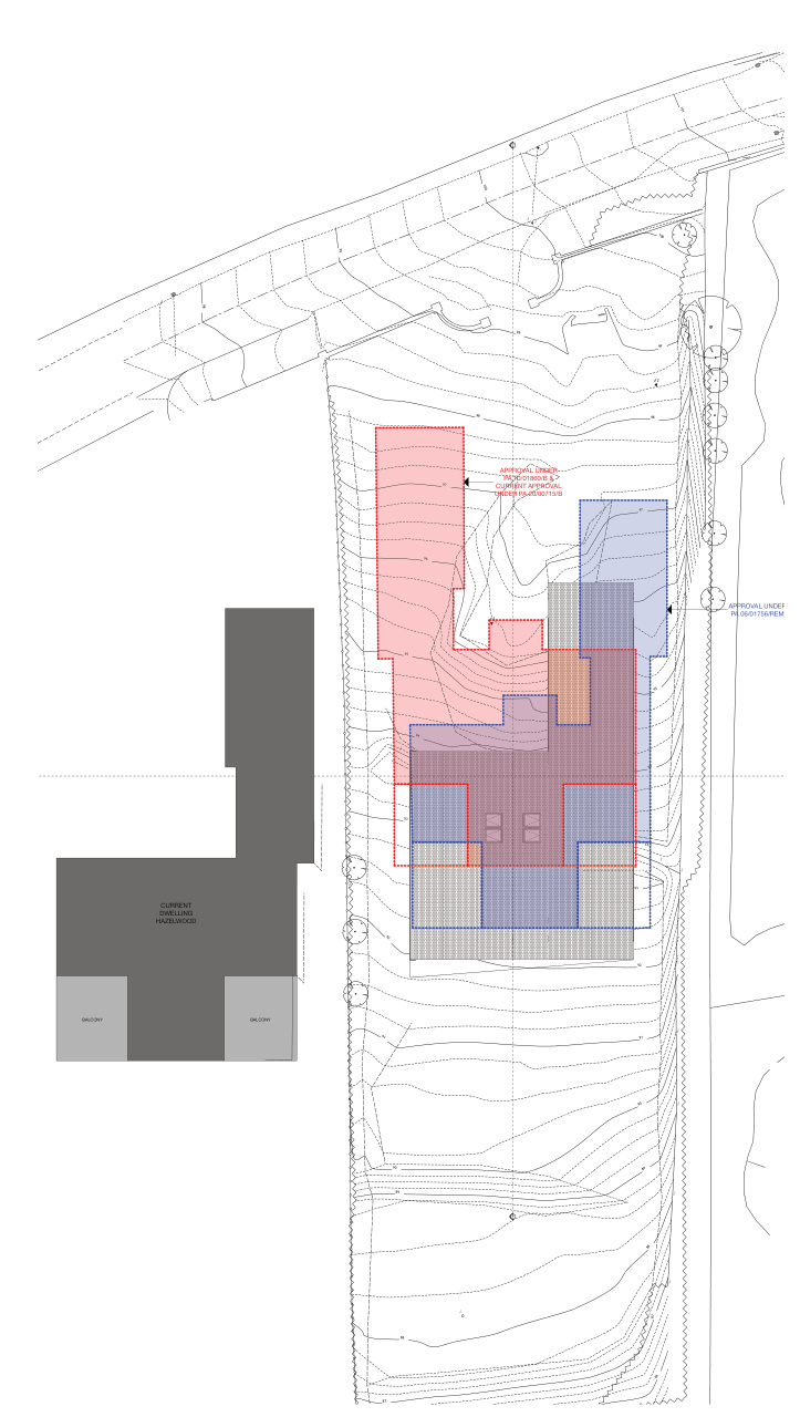 A technical site plan displaying topographical contour lines, the footprint of an existing dwelling, and the proposed layout for a new detached dwelling with landscaping features.