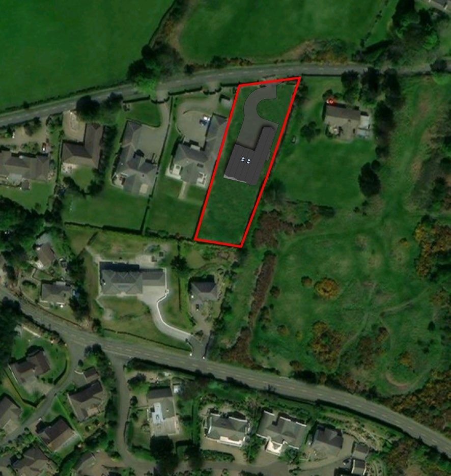 Aerial satellite view showing a proposed detached dwelling footprint and driveway outlined in red on a grassy plot.