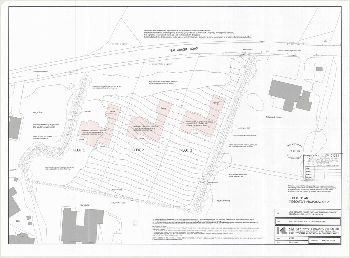 This image displays a block plan showing three proposed plots with indicative building footprints, existing structures, and access arrangements along Ballaragh Road.
