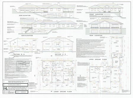 This image displays a comprehensive architectural drawing sheet for a proposed detached dwelling, featuring multiple elevations, floor plans, and cross-sections.