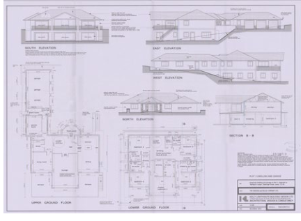 This image displays a sheet of architectural drawings for a proposed detached dwelling, featuring multiple elevations, floor plans, and a cross-section.