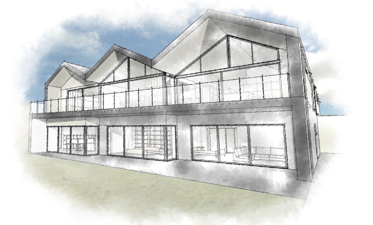 A perspective sketch of a modern two-story detached house featuring large windows and balconies.