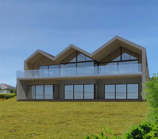 A photorealistic 3D architectural rendering of a proposed modern detached house with a triple-gabled roof and balcony, situated on a grassy slope.