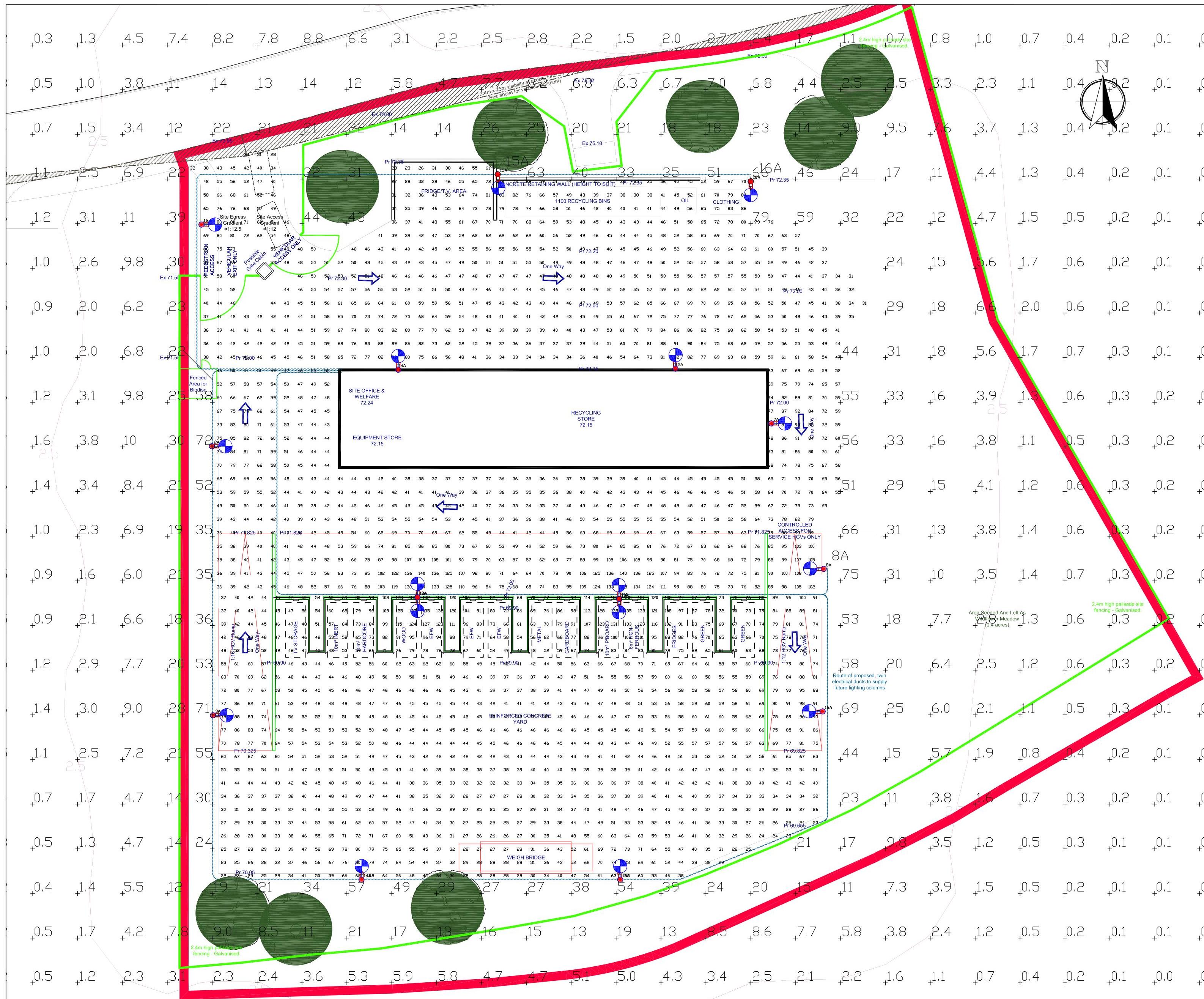 A detailed site plan showing topographical contours, red boundary lines, drainage flow arrows, and proposed structures for a civic amenity site.