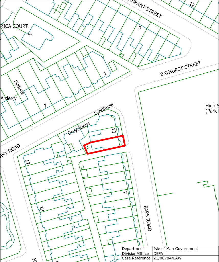 A site location map showing property boundaries and street names, with a specific residential plot highlighted in red.