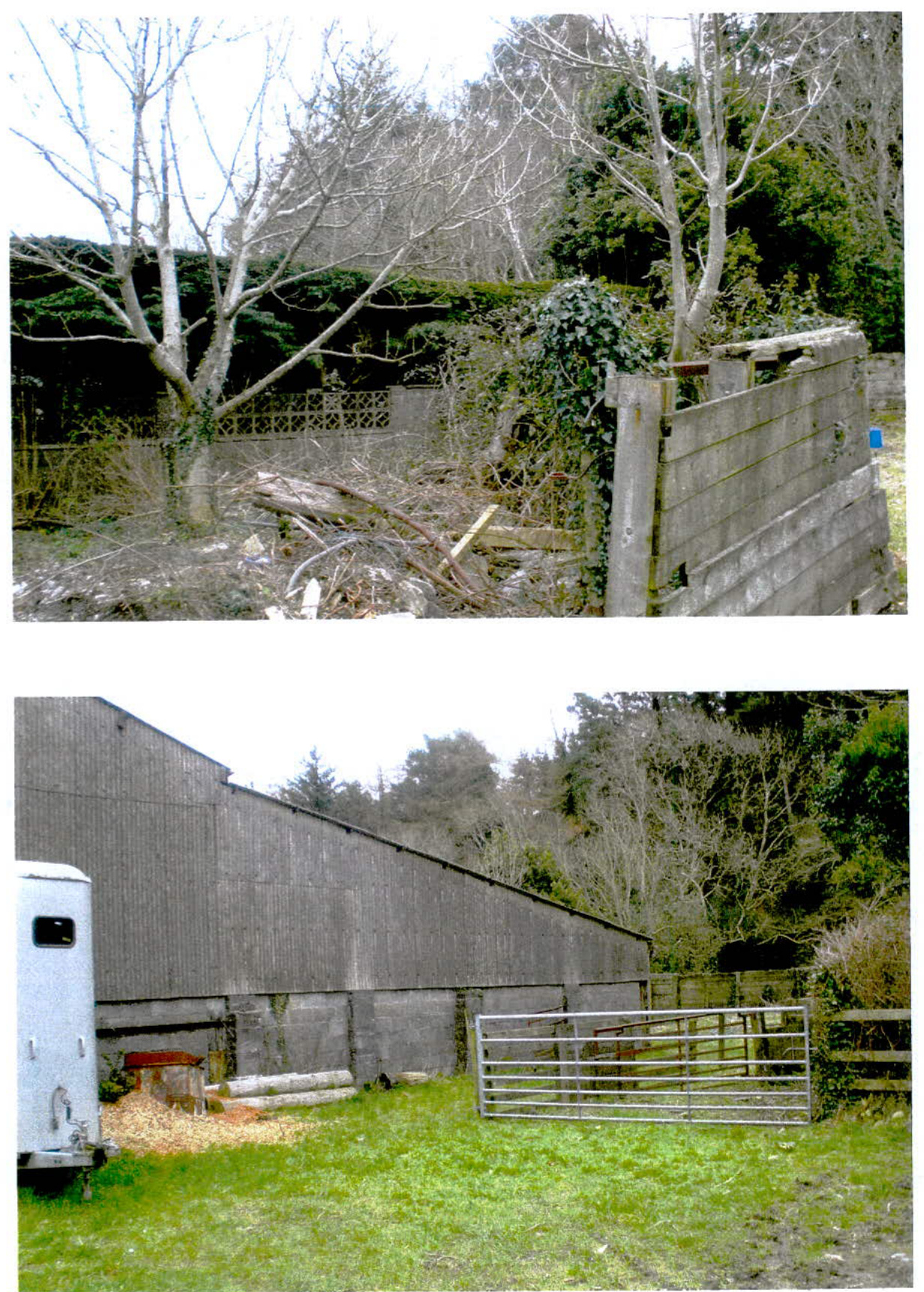 Two photographs showing the existing site conditions, including a dilapidated boundary fence and a long agricultural building with a horse trailer.
