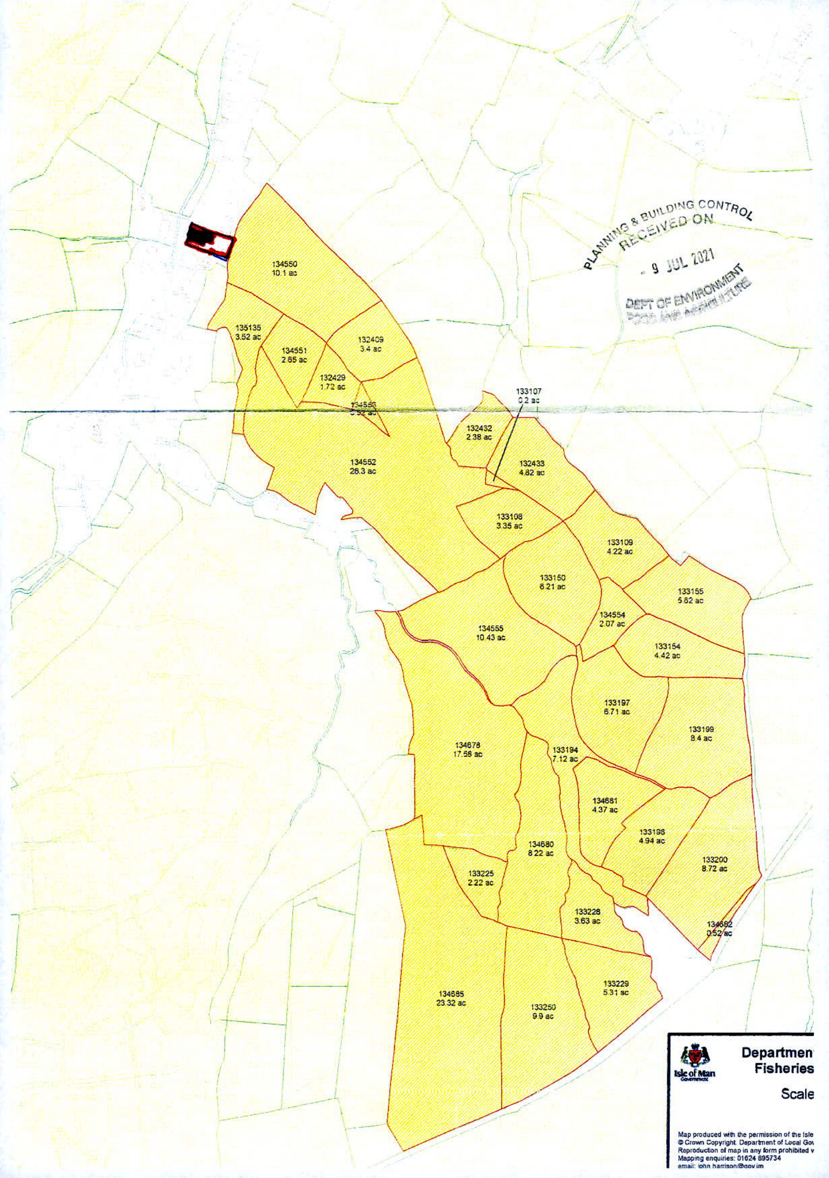 This image displays a site location map showing land parcels with yellow highlighting and acreage labels. A red box marks the specific application site in the top left corner, accompanied by a planning receipt stamp a...