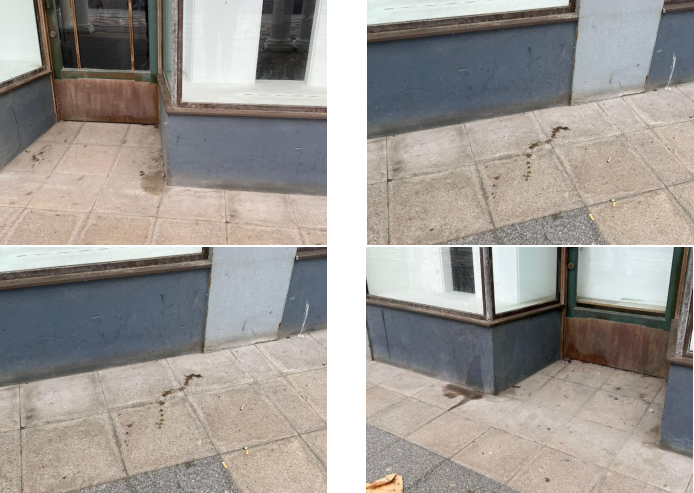 A collage of four photographs showing the exterior ground floor of a commercial property, featuring large windows, a door, and paved pavement.