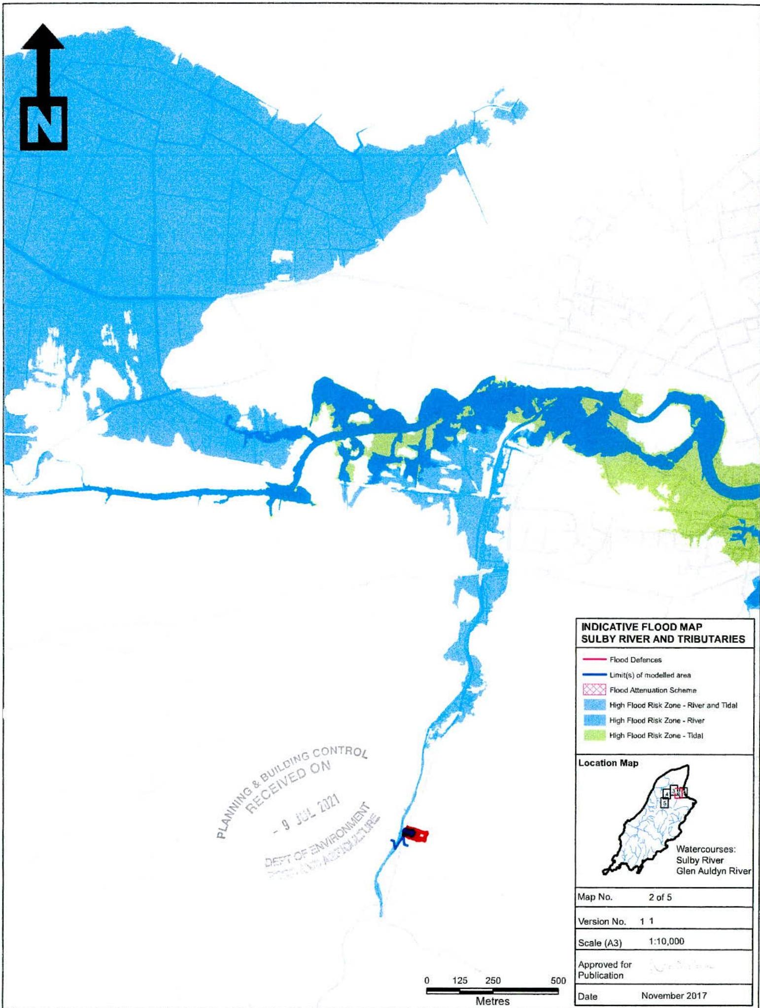 Indicative flood map of the Sulby River area showing high flood risk zones in blue and green with an inset location map of the Isle of Man.