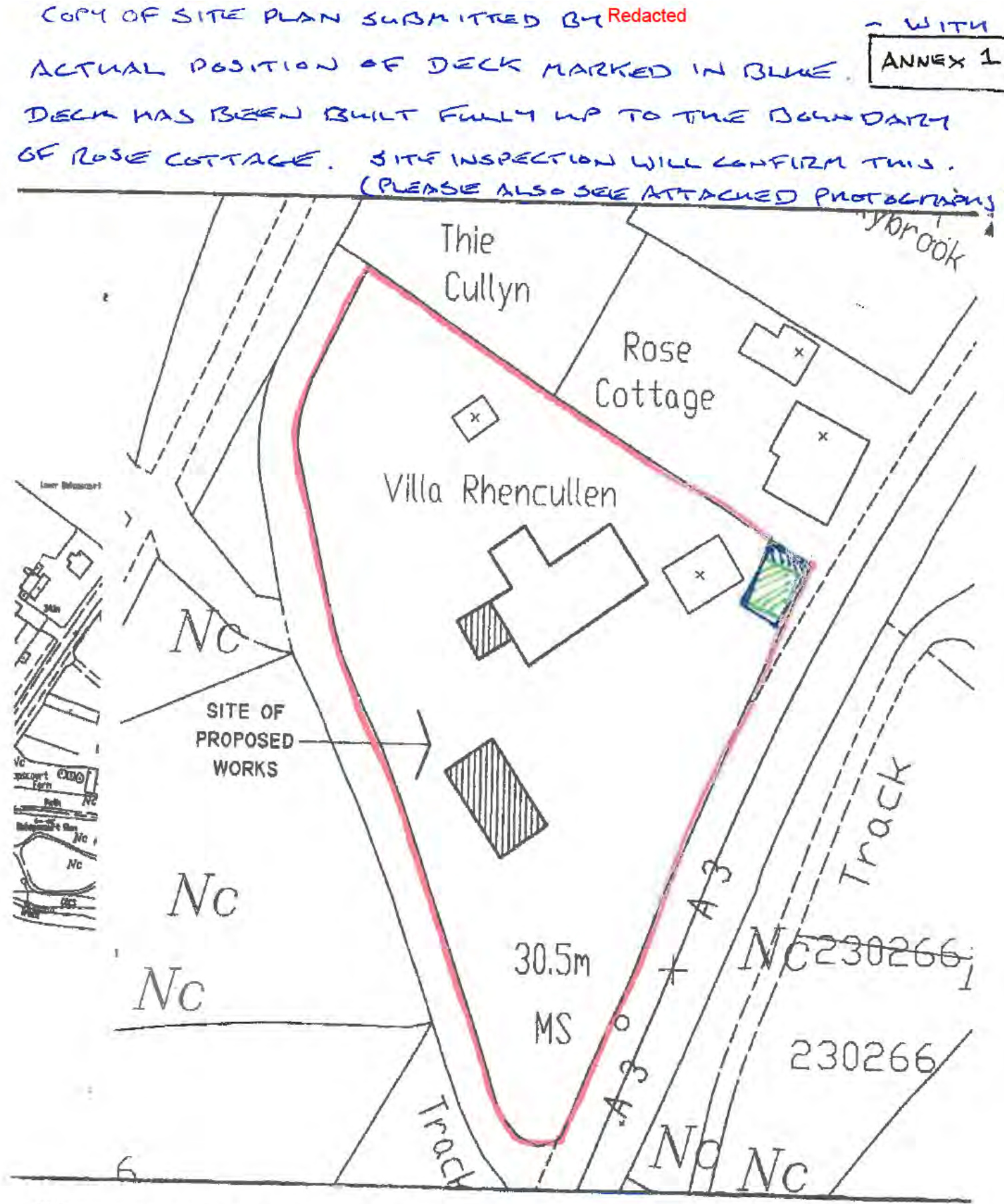A hand-drawn site plan with handwritten notes indicating the position of a deck relative to neighboring properties like Villa Rhencullen and Rose Cottage.