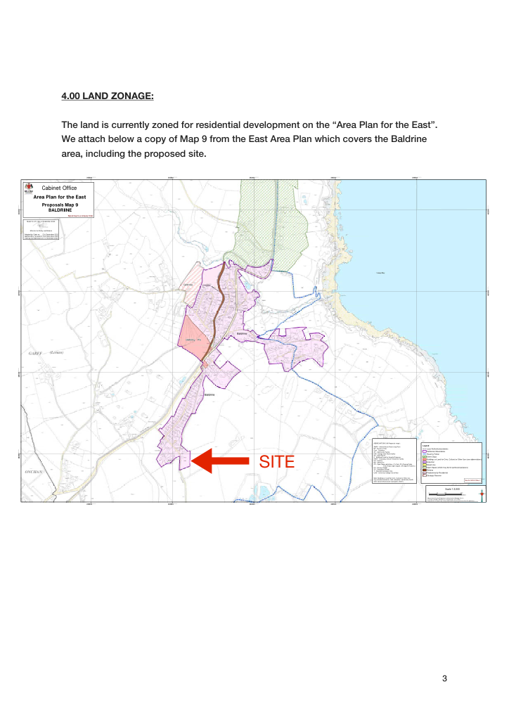 A zoning map from the 'Area Plan for the East' showing land use designations in the Baldrine area, with a red arrow indicating the proposed development site near the coast.