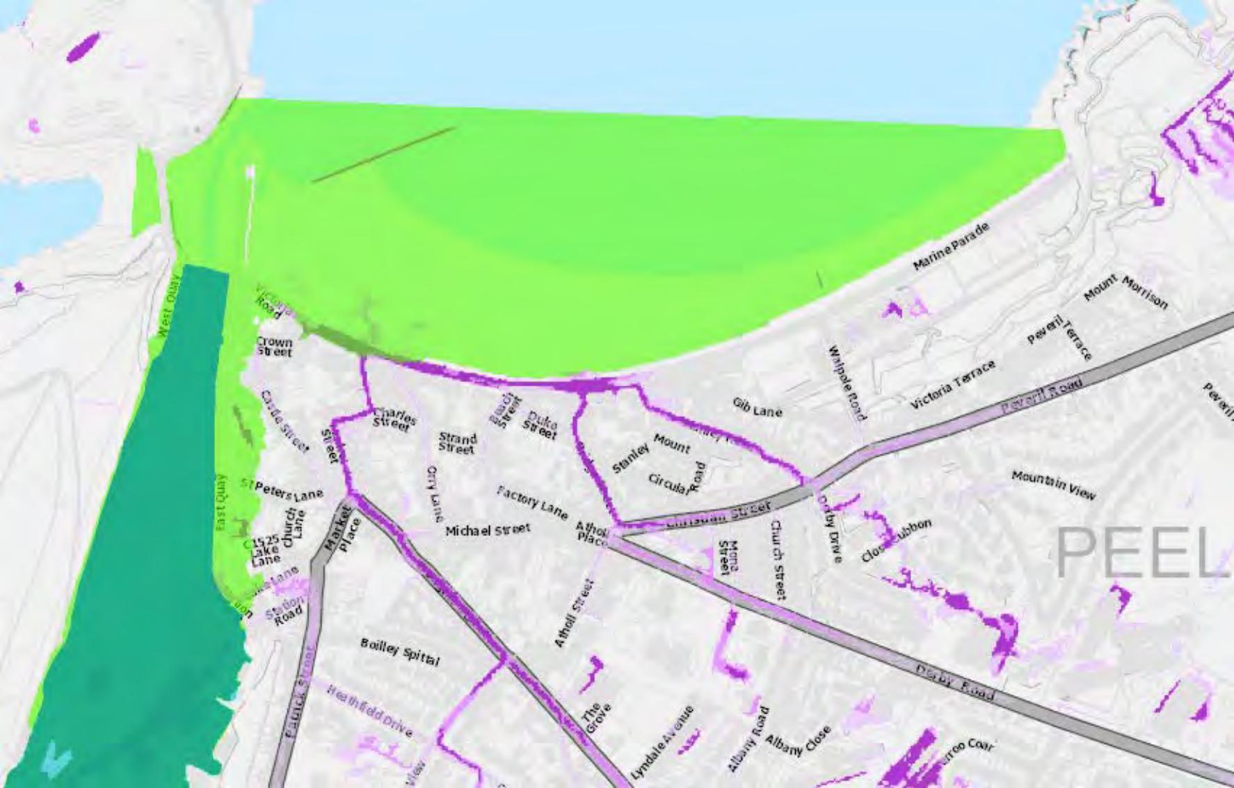 A location map showing the site boundary outlined in purple within the town of Peel, highlighting the coastal area and surrounding streets.
