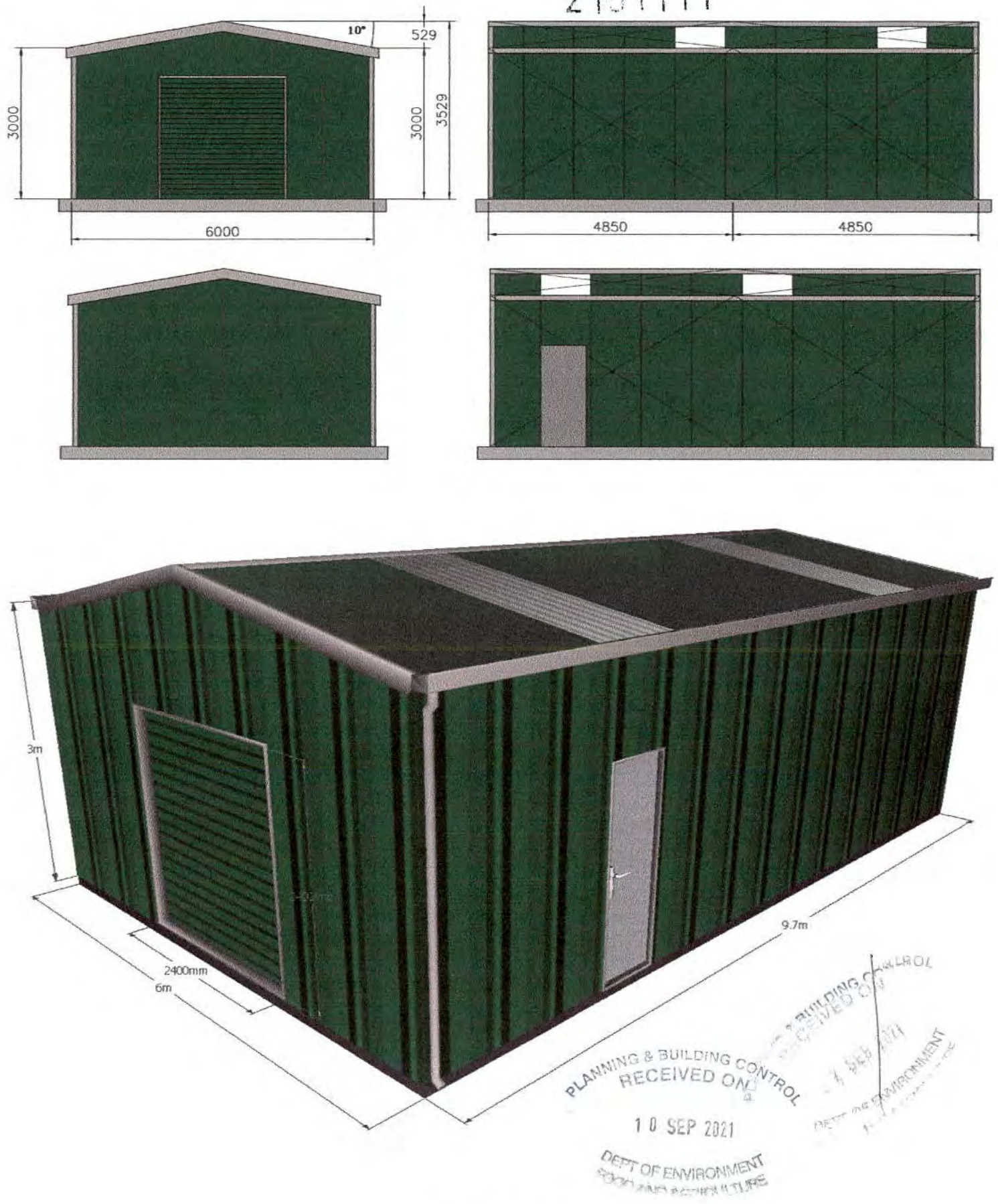 Architectural elevations and a 3D perspective rendering of a green agricultural storage building with dimensions.
