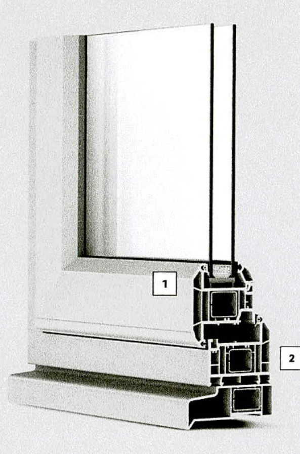 Technical cross-section drawing of a window frame detail showing construction layers and profiles.