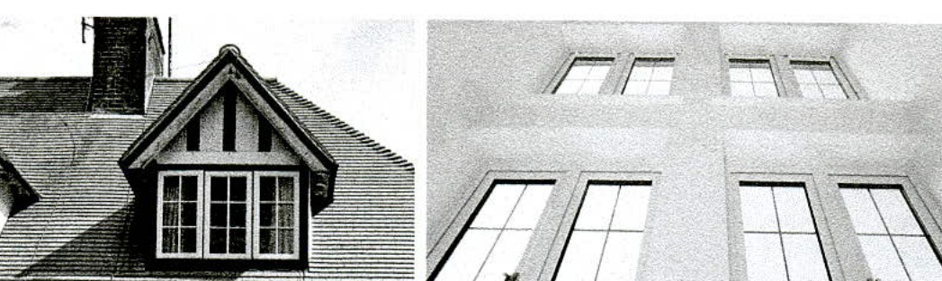 A black and white composite photograph showing a timber-framed dormer window on a pitched roof and a close-up of a rendered facade with multi-pane windows.