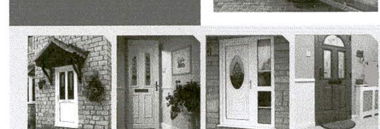 A composite image displaying four different styles of residential front doors and windows, likely illustrating the proposed replacement installation.