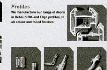 A technical specification page displaying cross-sectional diagrams of Rehau door profiles and text describing available finishes.