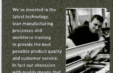 A page from a company brochure featuring text about manufacturing processes and a photograph of a worker handling a window frame.