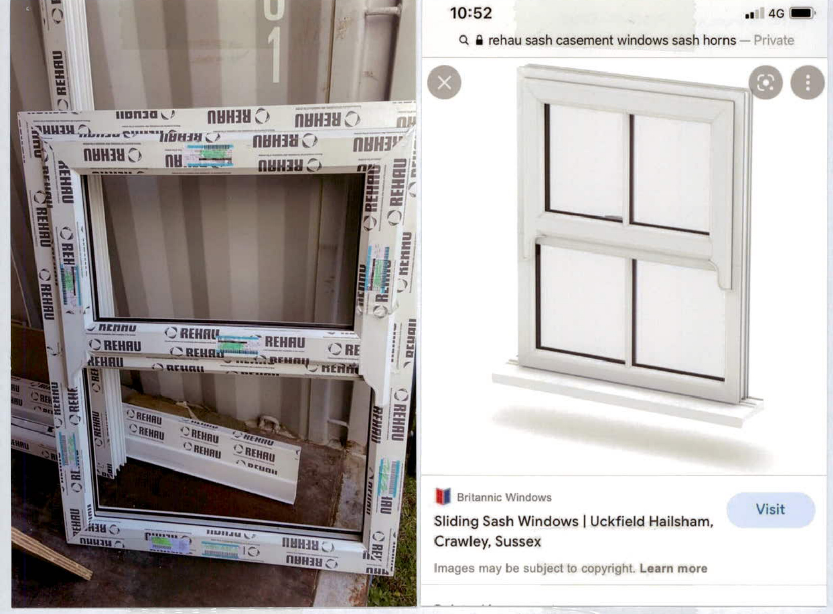 A composite image showing a physical white window frame wrapped in protective Rehau film on the left, and a digital screenshot of a sliding sash window product listing on the right.