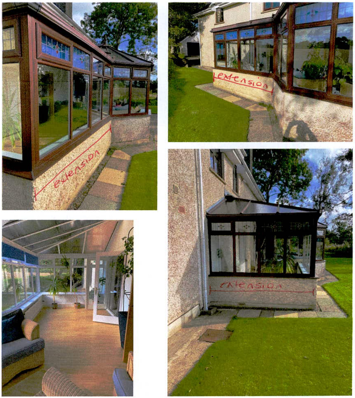 A collage of photographs showing the exterior and interior of a conservatory extension attached to a house, with the word 'extension' written in red on the walls.
