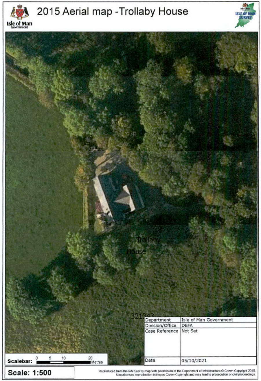 An aerial map showing a detached house named Trollaby House surrounded by trees and a field, including a scale bar and metadata table.