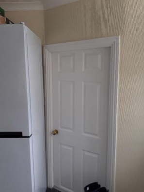 Interior photograph showing a white refrigerator standing next to a white paneled door with a gold handle.
