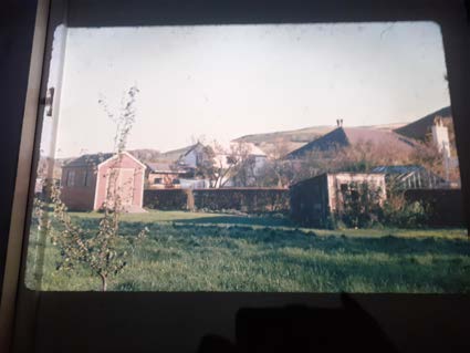 A photograph showing a grassy garden area with a pinkish building on the left, a larger house in the background, and a shed on the right, set against a rural backdrop.