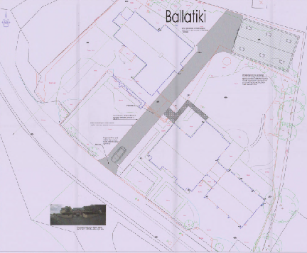 A site plan drawing showing the layout of a property with building footprints, a driveway, and boundary lines.