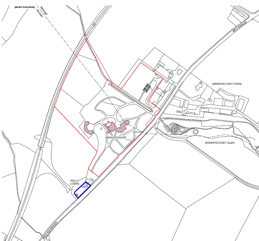 A site location plan showing the application site 'Holly Lodge' outlined in blue, surrounded by other properties like Bishopscourt and Bishopscourt Farm, with red boundary lines and nearby roads.