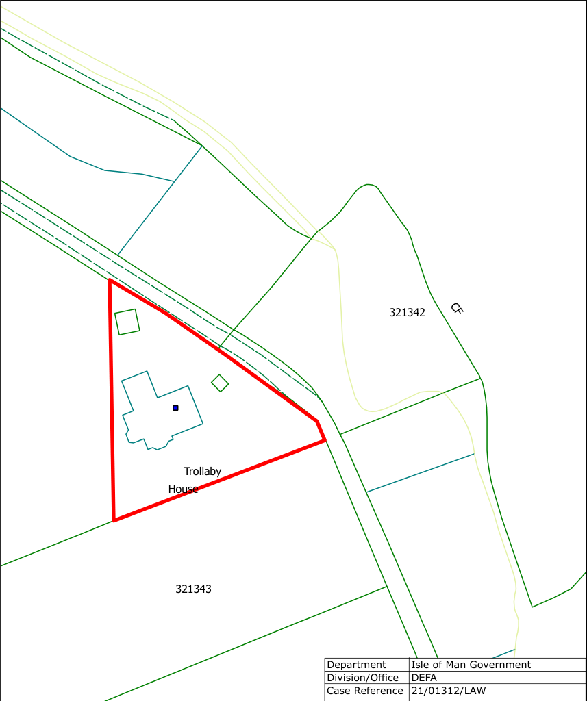 A site plan showing the property boundary outlined in red, the building footprint of Trollaby House, and surrounding field boundaries and roads.