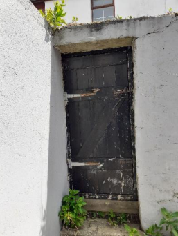 A close-up photograph showing a weathered, dark wooden door set into a rough, light-colored wall with vegetation growing at the base and top.