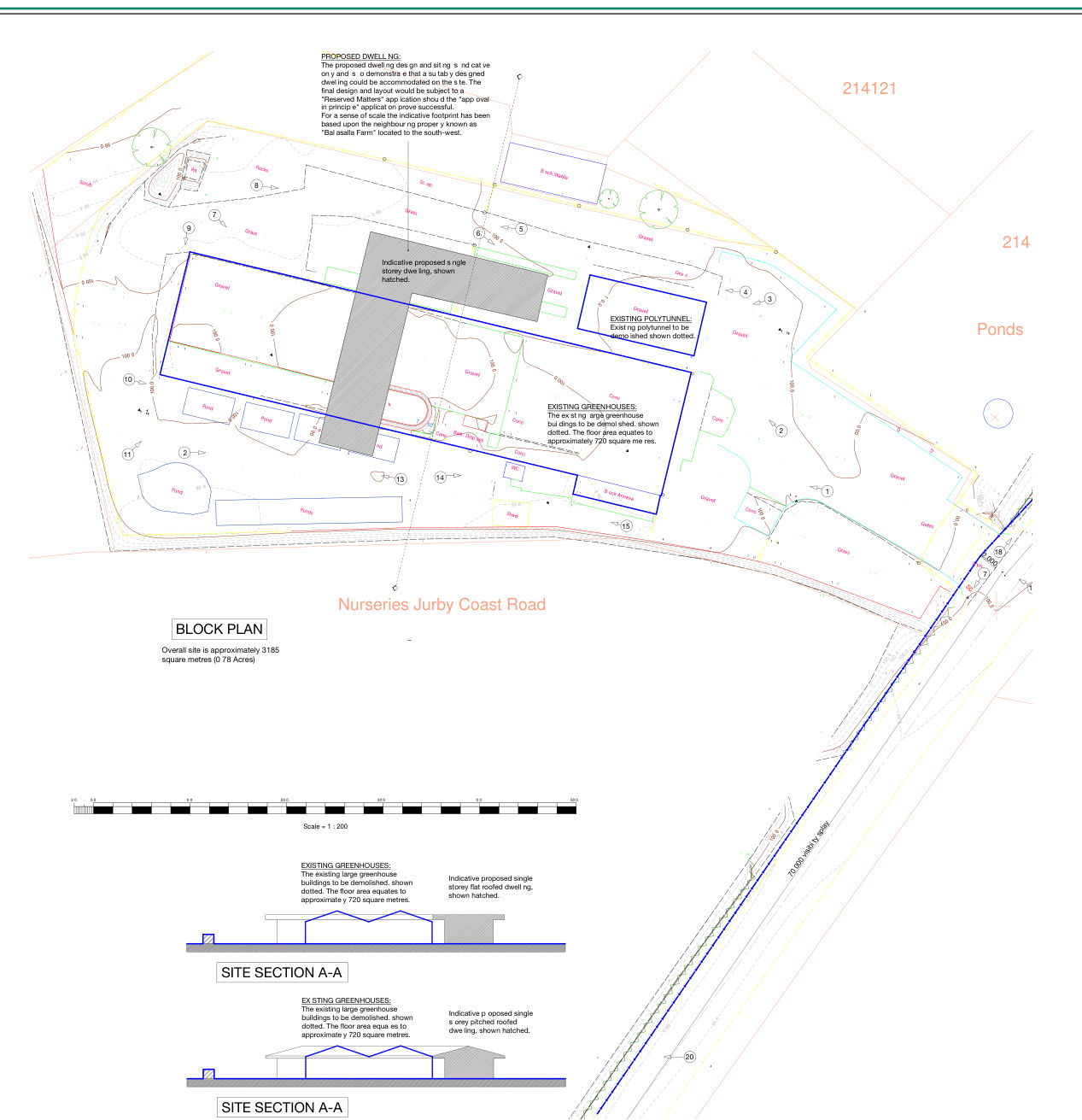 A technical planning drawing displaying a block plan and site section for a proposed detached dwelling and garages, indicating existing greenhouses to be demolished.