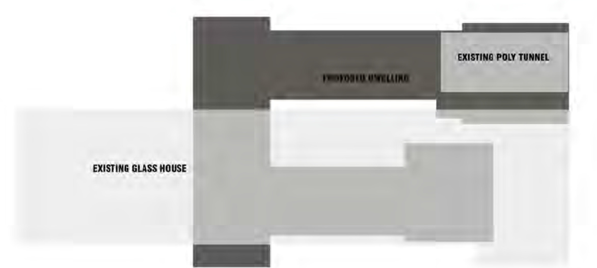 A schematic site plan or block plan showing the footprint of a proposed dwelling alongside existing agricultural structures like a glass house and poly tunnel.